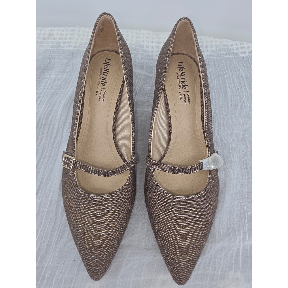 LifeStride Bronze Metallic Mary Jane Kitten Heel Pointed Toe Pumps Womens 7.5 M